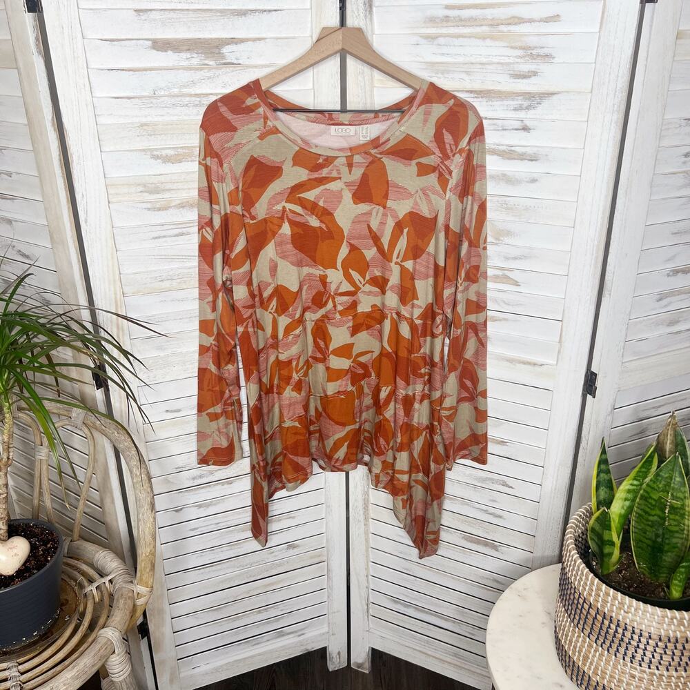 LOGO LORI GOLDSTEIN Women's Plus 1X Printed Floral Jersey Seamed Top Orange Clay - Picture 9 of 9